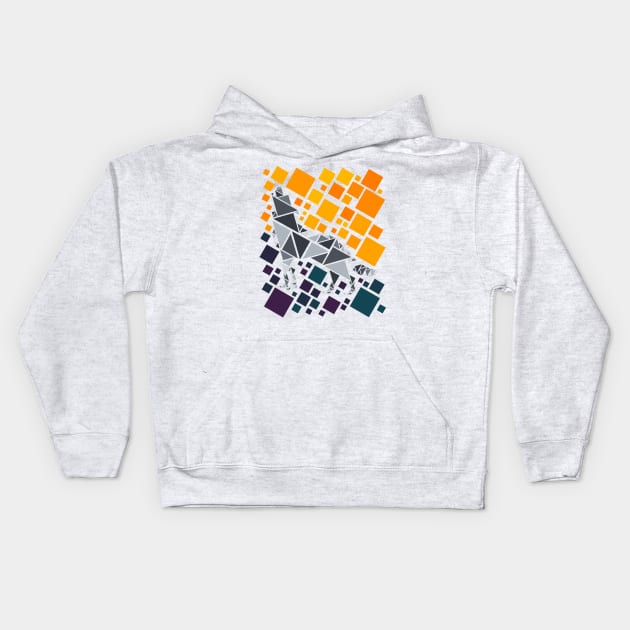 Geometric Wolf Design in Shades of Grey, Yellow and Purple Kids Hoodie by ArtMichalS